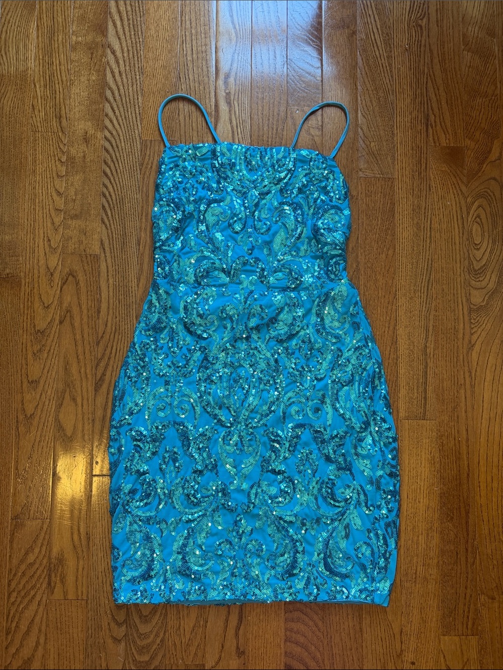 Windsor Teal Sequin Spaghetti-Strap Mini Dress
